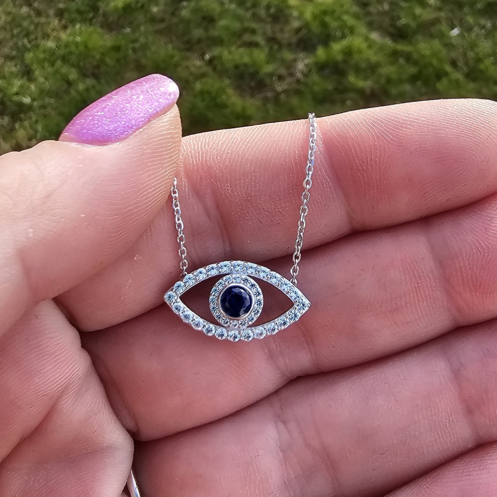 Silver Blue Sapphire Eye Pendant Necklace - Women's Jewelry